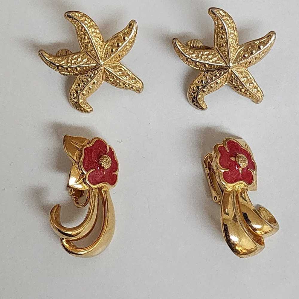 Avon Vintage Clip On Earrings Gold Tone Starfish Tropical Flower Lot 2